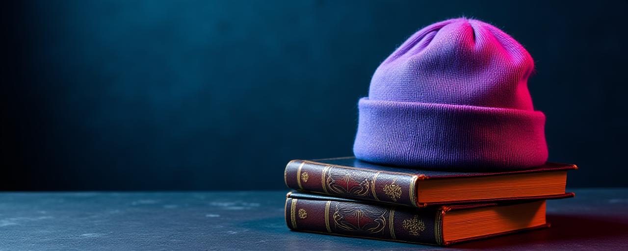 Composizione artistica di libri antichi e berretti moderni neon